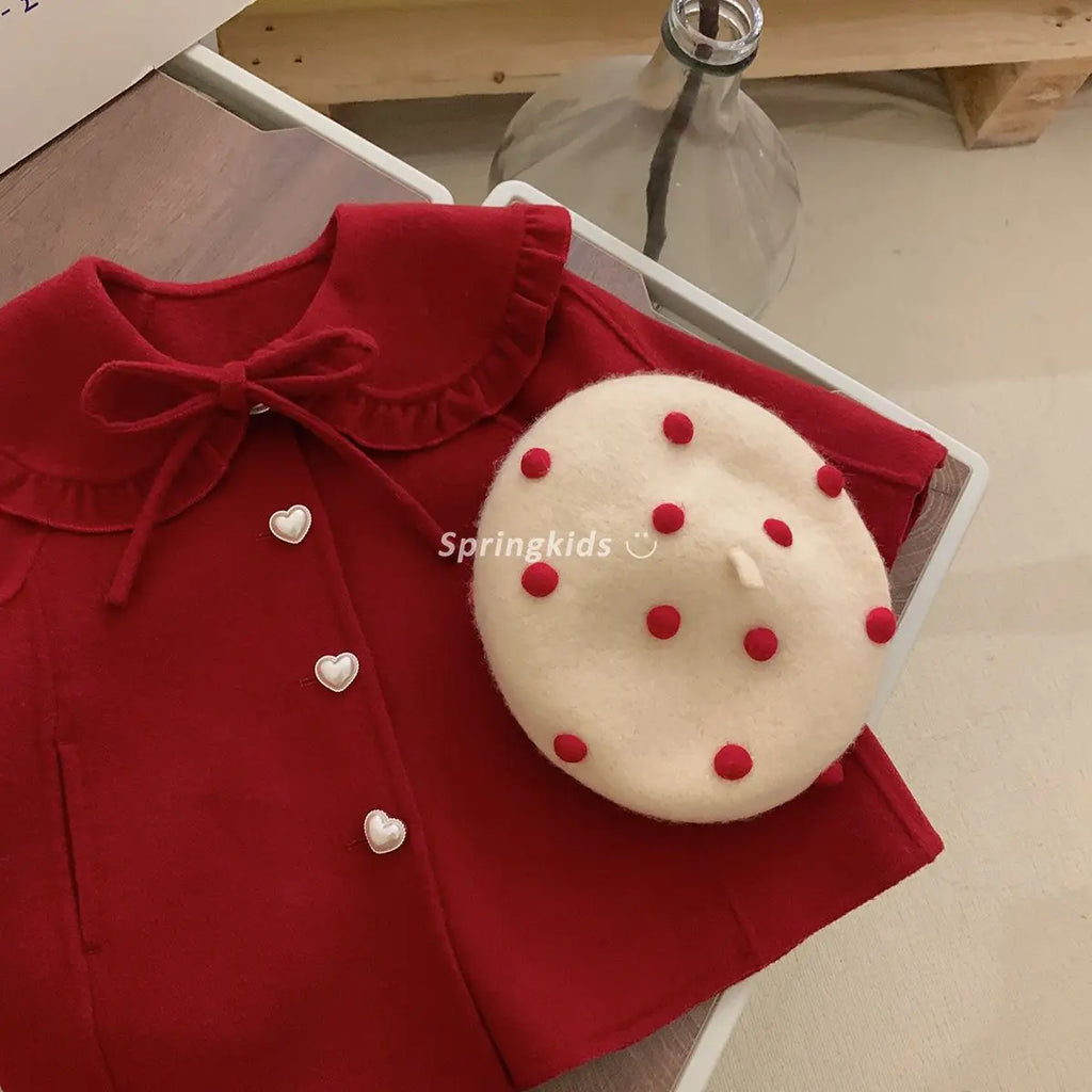 Girls' Red Woolen Jacket for Autumn 2023 Children's Clothing, Fashionable and Versatile on Doll Necked Fabrics