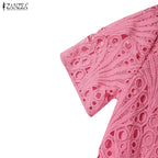 Stylish Women Desses ZANZEA 2025 Summer Lace Patchwork Dress Elegant Party Work Sundress Short Sleeve Pleated Vestidos Midi Robe