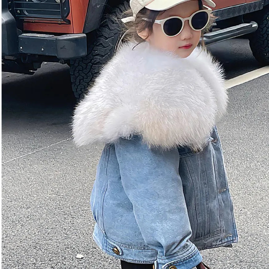 Winter New Children's Denim Parkas Nature Big For Fur Collar Design Thicker Warm Fur Coat Girls Down Jacket A3073