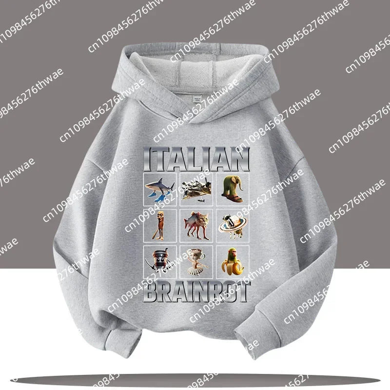 Boy's sports shirt -interesting Italian brain rot Tung Tungtung Sahur children's hooded shirt                h cartoon print-fall/winter top