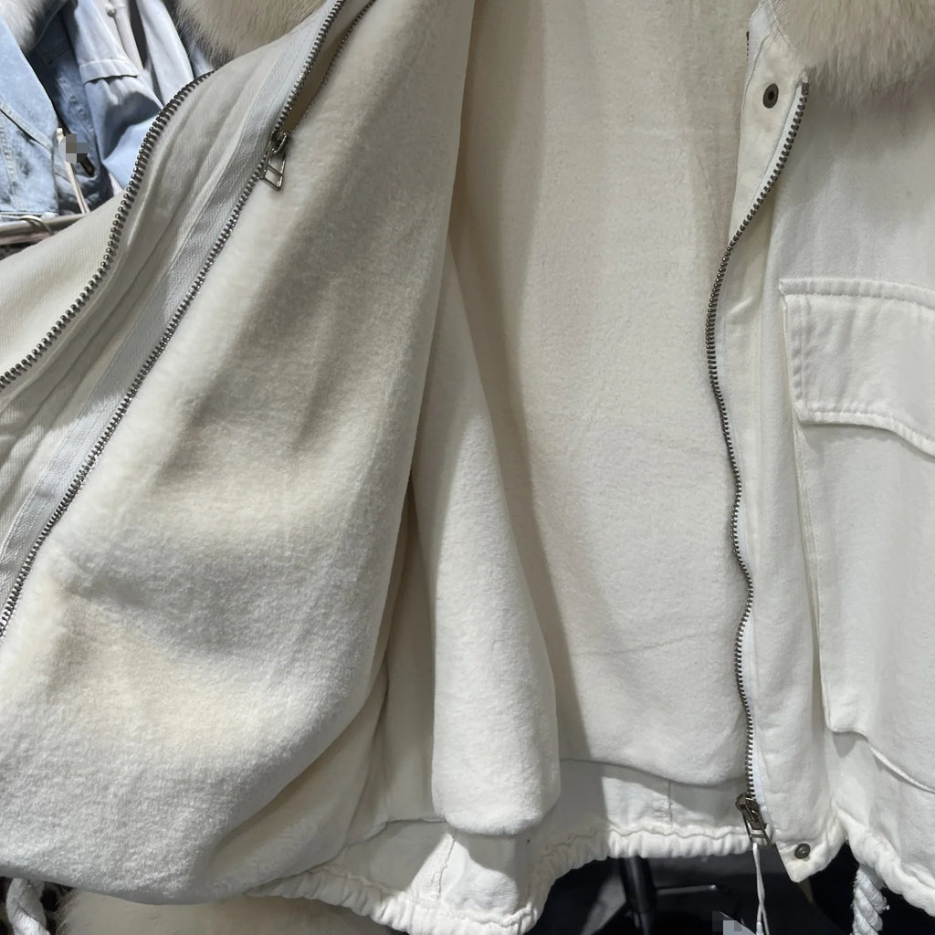 Fox Fur Denim Jacket for Women Fleece-Lined and Thickened Winter 2025 New Korean Style Loose Fit Batwing Sleeve Cotton Coat