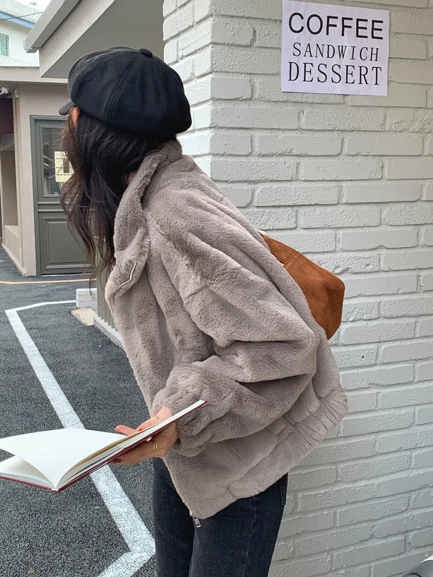Women Autumn Winter Thicken Warm Coat Stand-Collar Loose Fur Plush Zipper Jacket Soft Comfortable Casual Simple Solid Outerwear