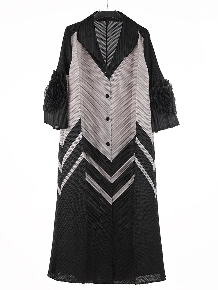 2025 Miyake Pleats Wholesale New Color Matching Splicing Dress Lapel Fashion Loose Women's Cardigan Medium and Long Dresses