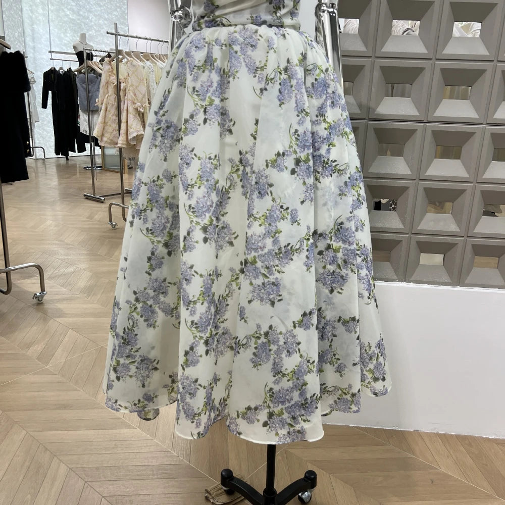 Summer New Women Retro Printed A-line Strap Dress With High Waist Wrinkled Long Dresses Beach Party Birthday Celebrity Gown