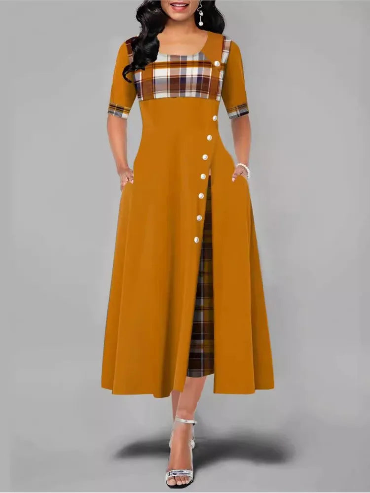 Women's Irregular Lattice Patchwork Long Dresses Vintage Buttons O Neck Half Sleeves Casual Lady Commuting Dress Fashion