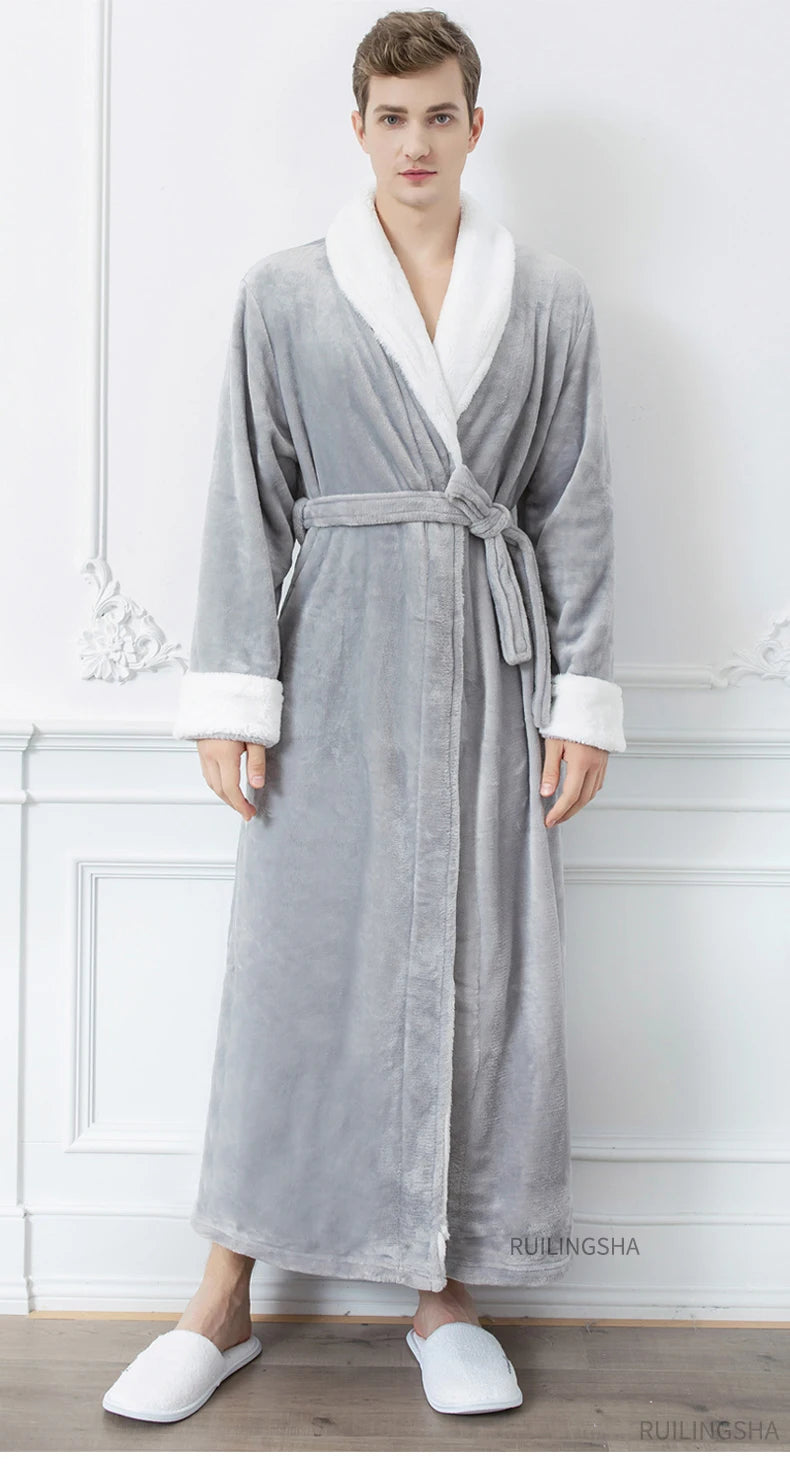 Men Winter Plus Size Long Flannel Bathrobe Warm Coral Fleece Kimono Bath Robe Night Cozy Sleepwear Women Jacquard Dressing Gown
