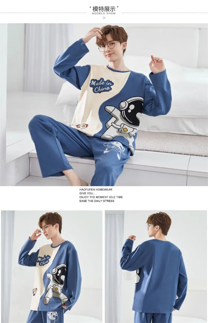 Men's Pajamas Spring Autumn 100% Cotton Youth Pajamas Student Suits Fashionable Sweet Cartoon Home Clothes For Men