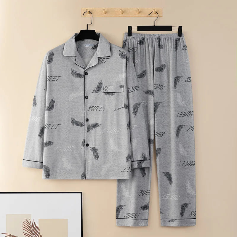 Men's Thin Cotton Pajamas Long Sve Long Pants Two-Piece Set Casual