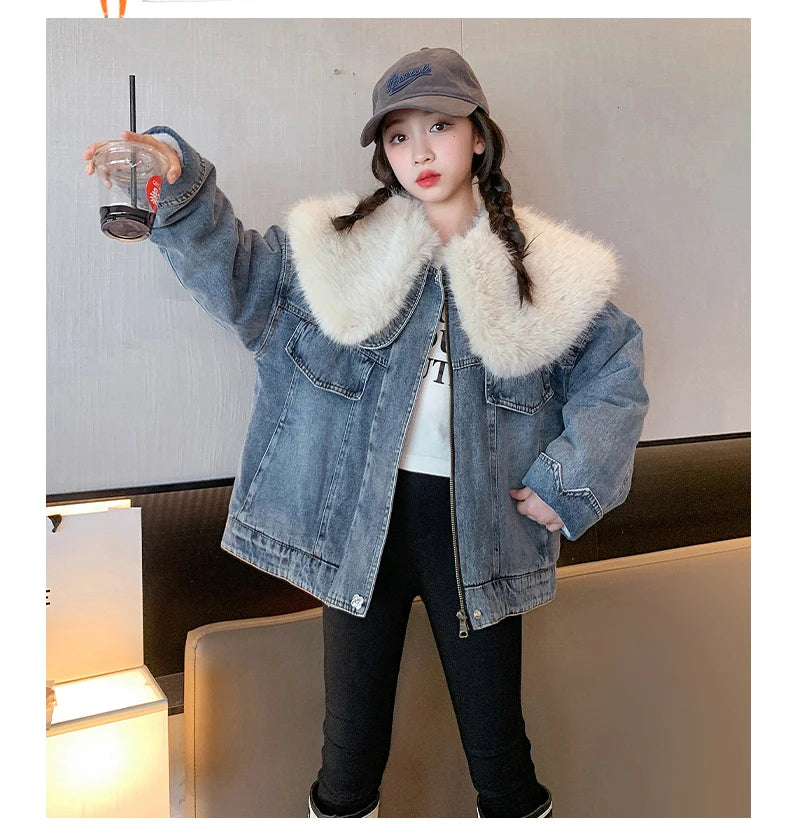 junior girl winter jackets vetement enfant fille Thickened inner rabbit fur denim jacket teenr outerwear kids warm coat overwear
