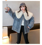 junior girl winter jackets vetement enfant fille Thickened inner rabbit fur denim jacket teenr outerwear kids warm coat overwear