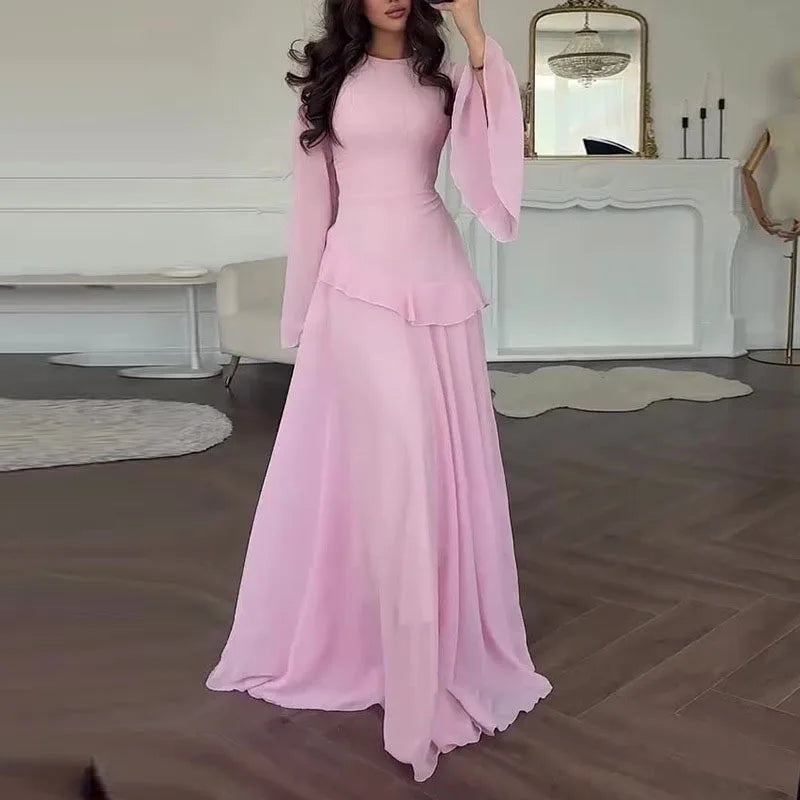 Robes for Woman Elegant O Neck Solid Ruffles Party Pleated Dress Spring Autumn Flare Sleeve Tie-up Slim Female Clothing Vestidos