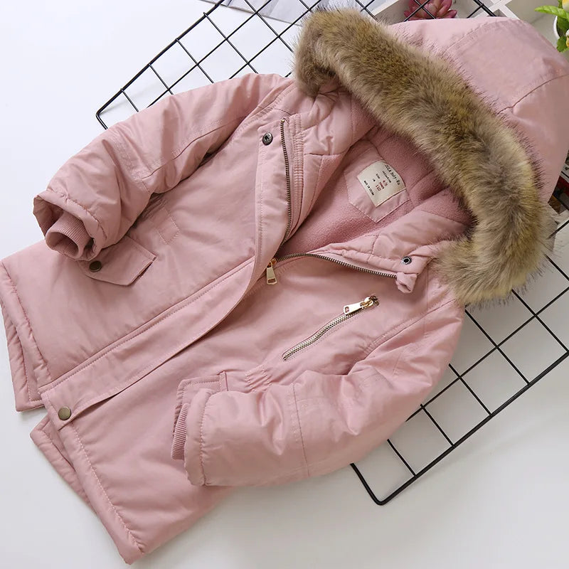 2025 Autumn Winter Girl Jacket Coat Faux Fur Hooded Plus Velvet Thicken Warm Jacket For Girl 4-14 Year Kids Teenager Girl Parka