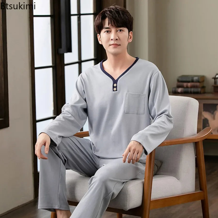 Fashion Lounge Pajamas Sets Men's Spring New Long-sleeved Tops with Trousers Cotton Homewear Comfort Simple Sleepwear Two Pieces