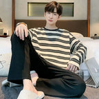 Plus Size Men Pajamas Striped Long Sleeve Long Pants Crew Neck Soft Breathable Teen Student Loungewear Two-Piece Cartoon Letter