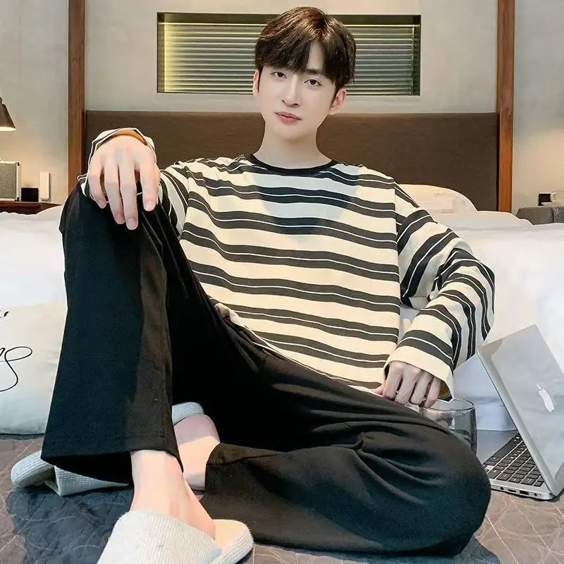 Plus Size Men Pajamas Striped Long Sleeve Long Pants Crew Neck Soft Breathable Teen Student Loungewear Two-Piece Cartoon Letter