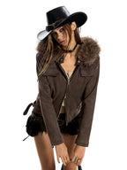 American hot girl big fur collar slim short jacket for women buckskin velvet waist slimming hooded cardigan sweatshirt