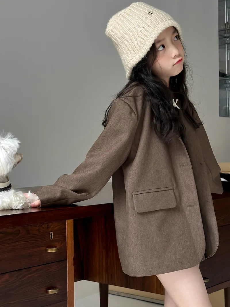 Suit skirt set for autumn 2024 loose suit jacket and skirt shorts for children and girls fashionable suit trendy kids clothes