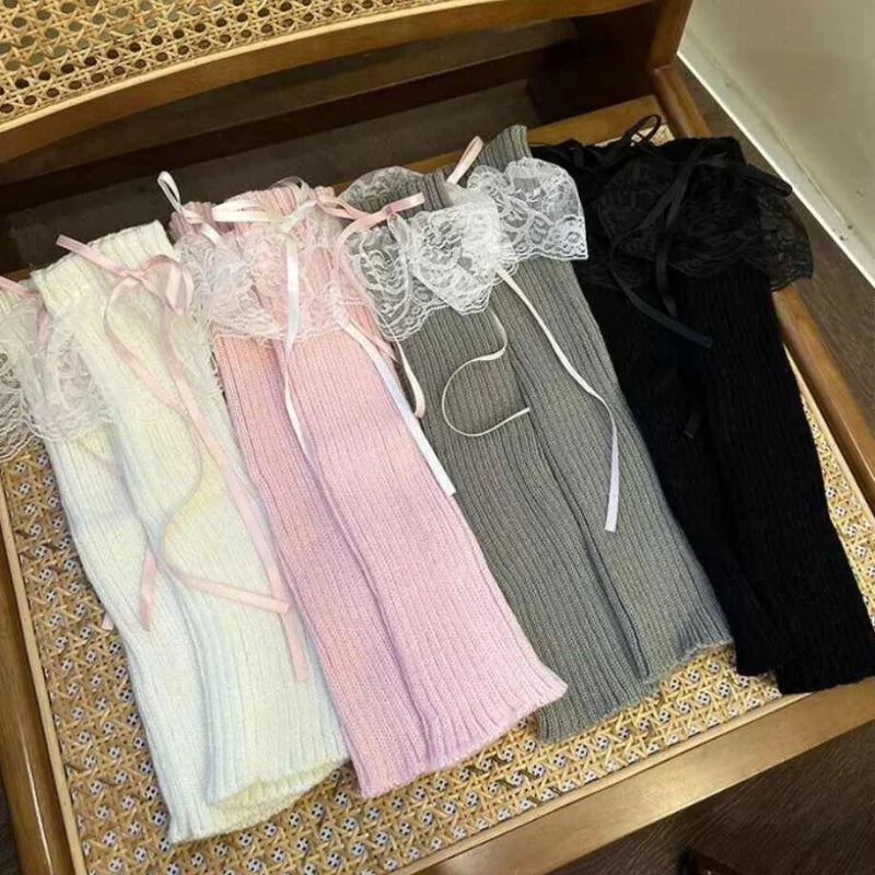 2025 New Woman Leg Warmers Autumn and Winter Ribbon Lolita Black Knee Warmers Long Socks JK Knitted Girl White Leg Warmers