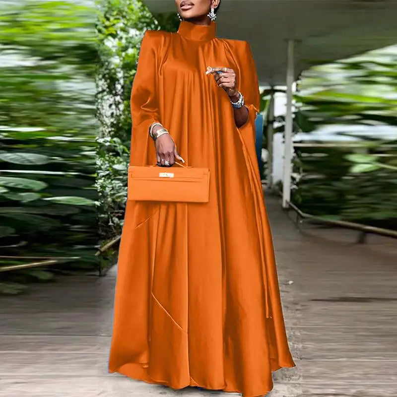 Elegant Evening Dress VONDA Women Pleated Stand Collar Long Sleeve Satin Party Sundress Autumn Casual Solid Loose Robe Vestidos