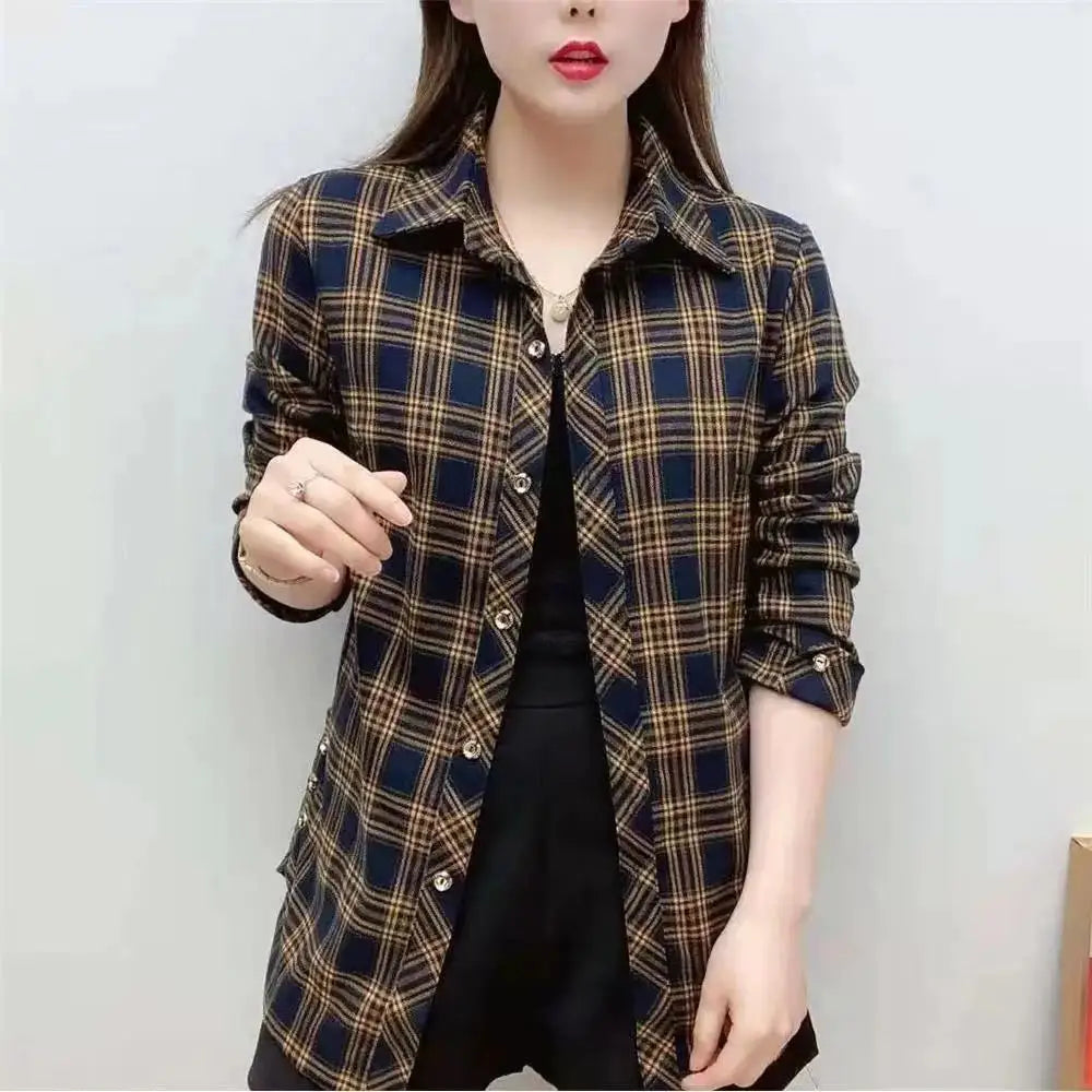 Vintage Printed Loose All-match Plaid Shirt Women's Clothing 2023 Autumn Winter New Oversized Casual Tops Long Sleeve Blouse