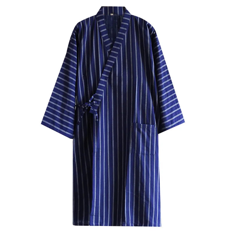 Blue Red Striped Printed Robe for Men 100% Cotton Kimono Men Bathrobe for Spring Autumn 100% Cotton Long Style Men Kimono Robe