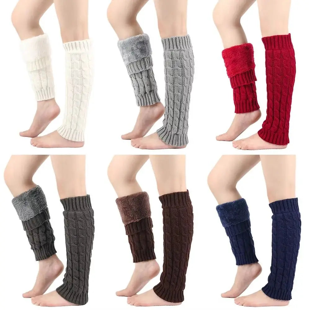 Twist Pattern Knitting Leg Warmers Double-Layered Fleece-Lined Women Leg Warmers Solid Color Thicken Warm Foot Covers