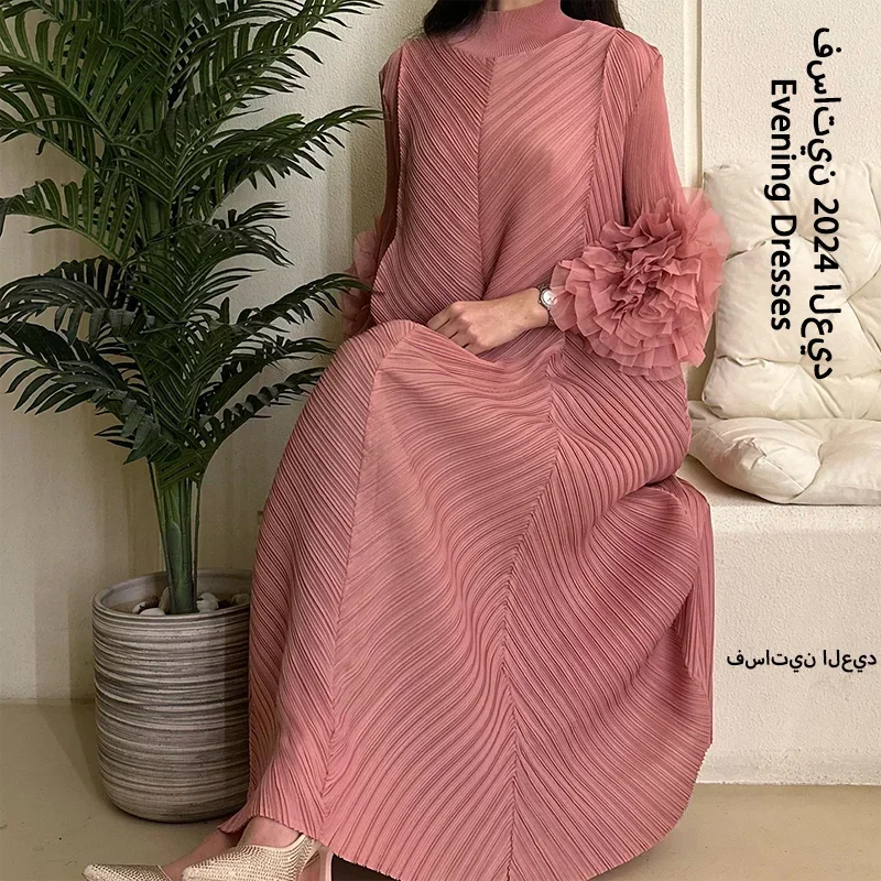 YUDX Hot Sales 2024 Summer New Pleated Formal Dresses for Women Mesh Petal Sleeve Solid Evening Party Long Maxi Dresses