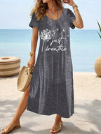 2025 Spring/Summer New Elegant plus size Women's Dress White Dandelion and Butterfly Positioning Printed Bottom Side Fork Spring