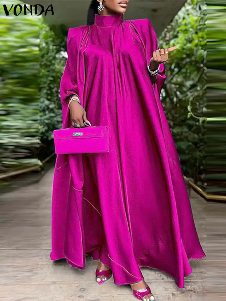 Elegant Evening Dress VONDA Women Pleated Stand Collar Long Sleeve Satin Party Sundress Autumn Casual Solid Loose Robe Vestidos