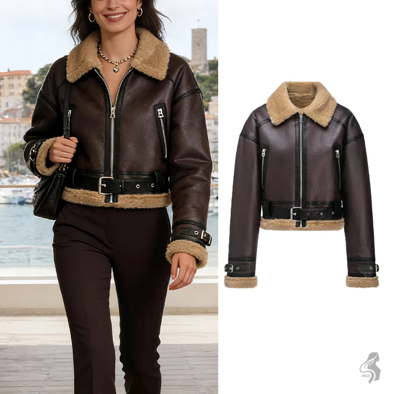 Womens Short Jacket With Leather And Plush Patchwork Belted Waist Zipper Pockets Retro Cool Commuter Jacket Woman Clothes Tops