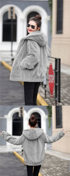 Plush hooded jacket for women mid-length winter new loose plush warm long sleeves plush Short jacket fashion casual coat