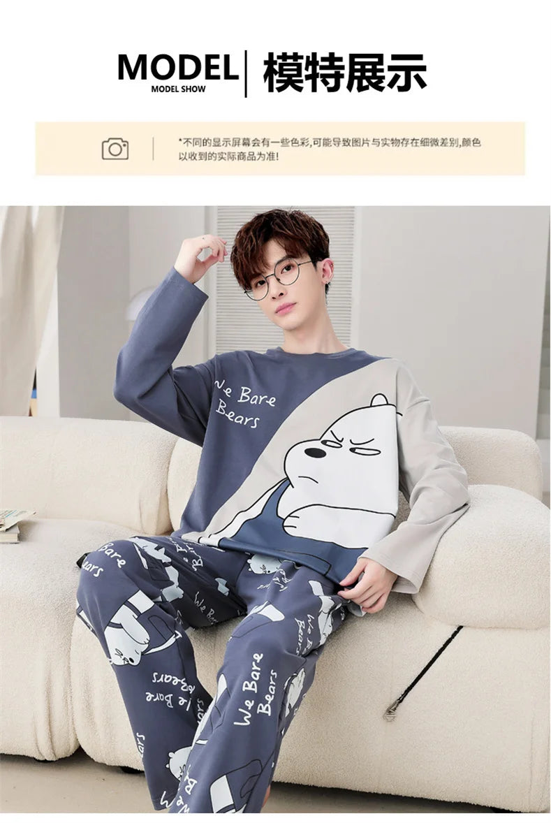 Men's Pajamas Spring Autumn 100% Cotton Youth Pajamas Student Suits Fashionable Sweet Cartoon Home Clothes For Men