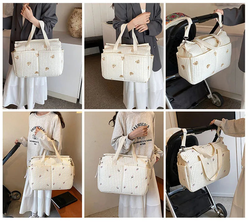 New High-capacity Mummy Bag Embroidered Bear Mother and Baby Handbag Baby Bottle Diaper Portable Baby Stroller Bag