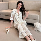 Women Men Pajamas Short Sleeved Shirt Trousers Ice Silk Sleepwear