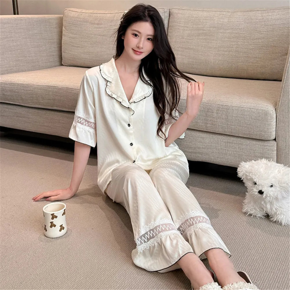 Women Men Pajamas Short Sleeved Shirt Trousers Ice Silk Sleepwear
