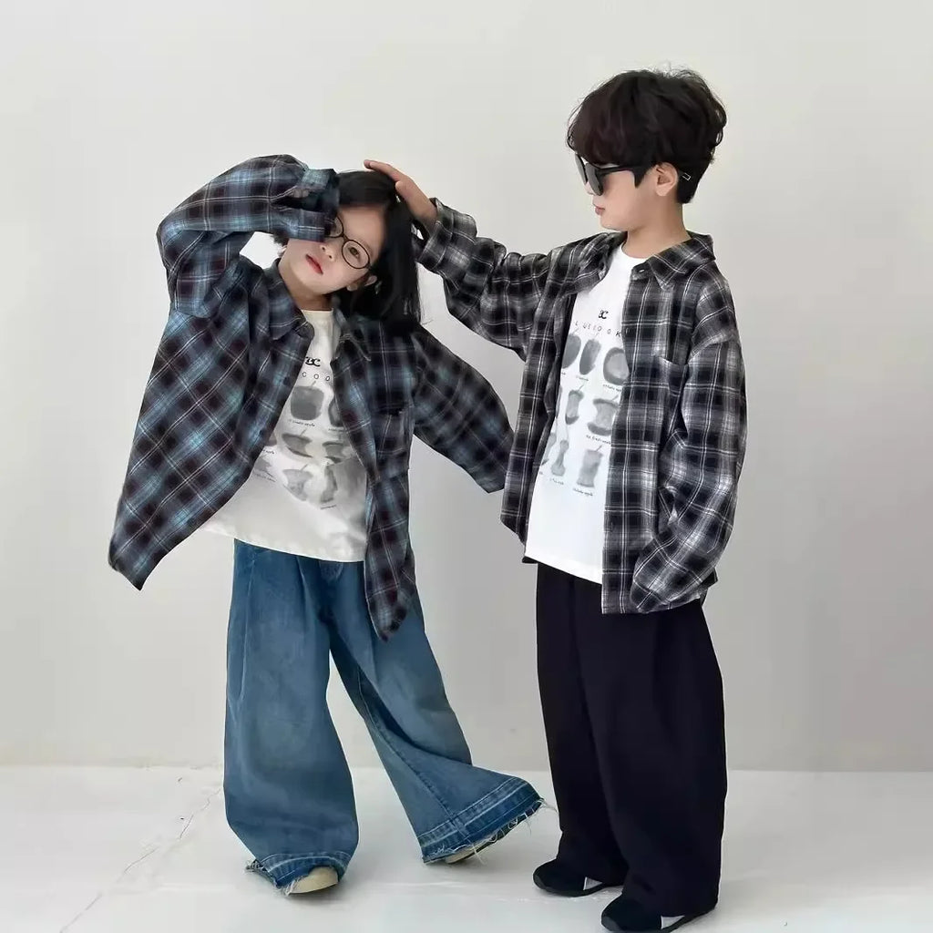 Children's Shirt 2024 Autumn Boys and Girls Korean Version Velvet Plaid Shirt Children's Casual Versatile Loose Long Sleeve Top