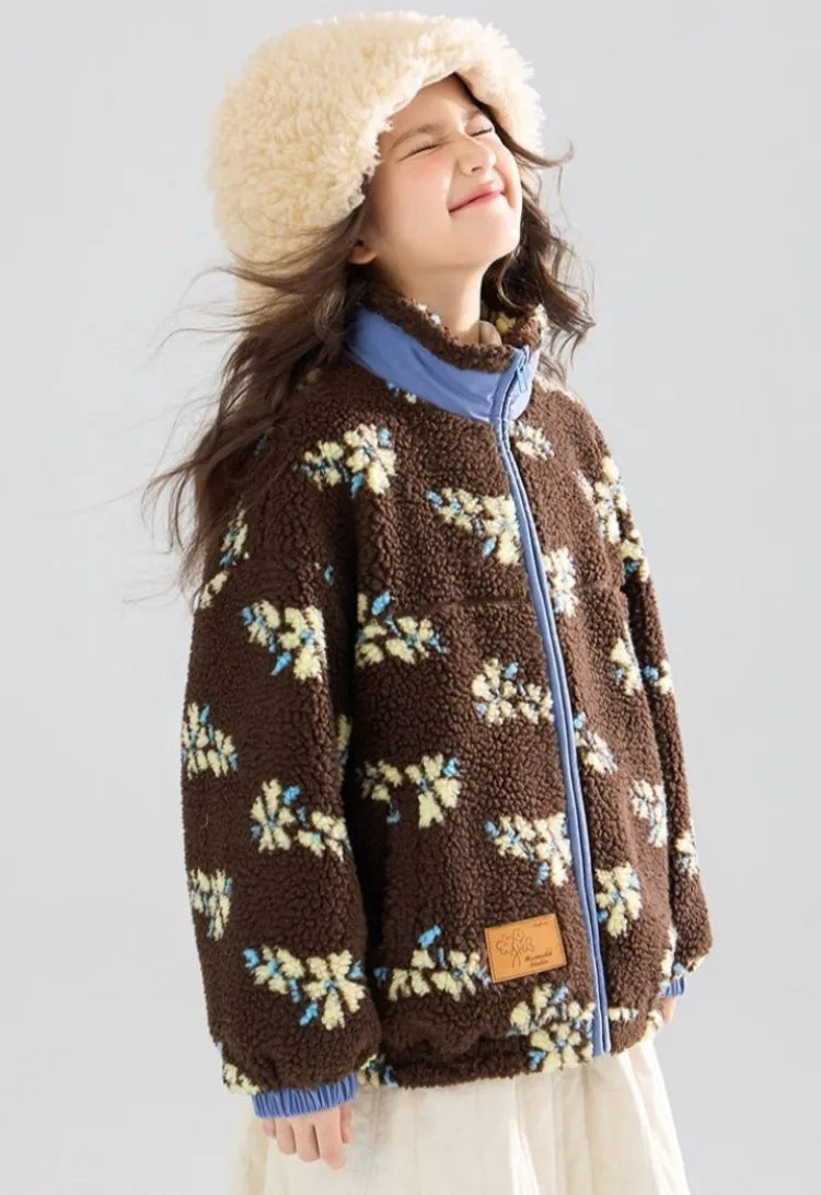 Girl's Winter Coat Floral Jacquard Lamb Fur Thickened Stylish Autumn Winter Toddler Kids Cotton Jacket