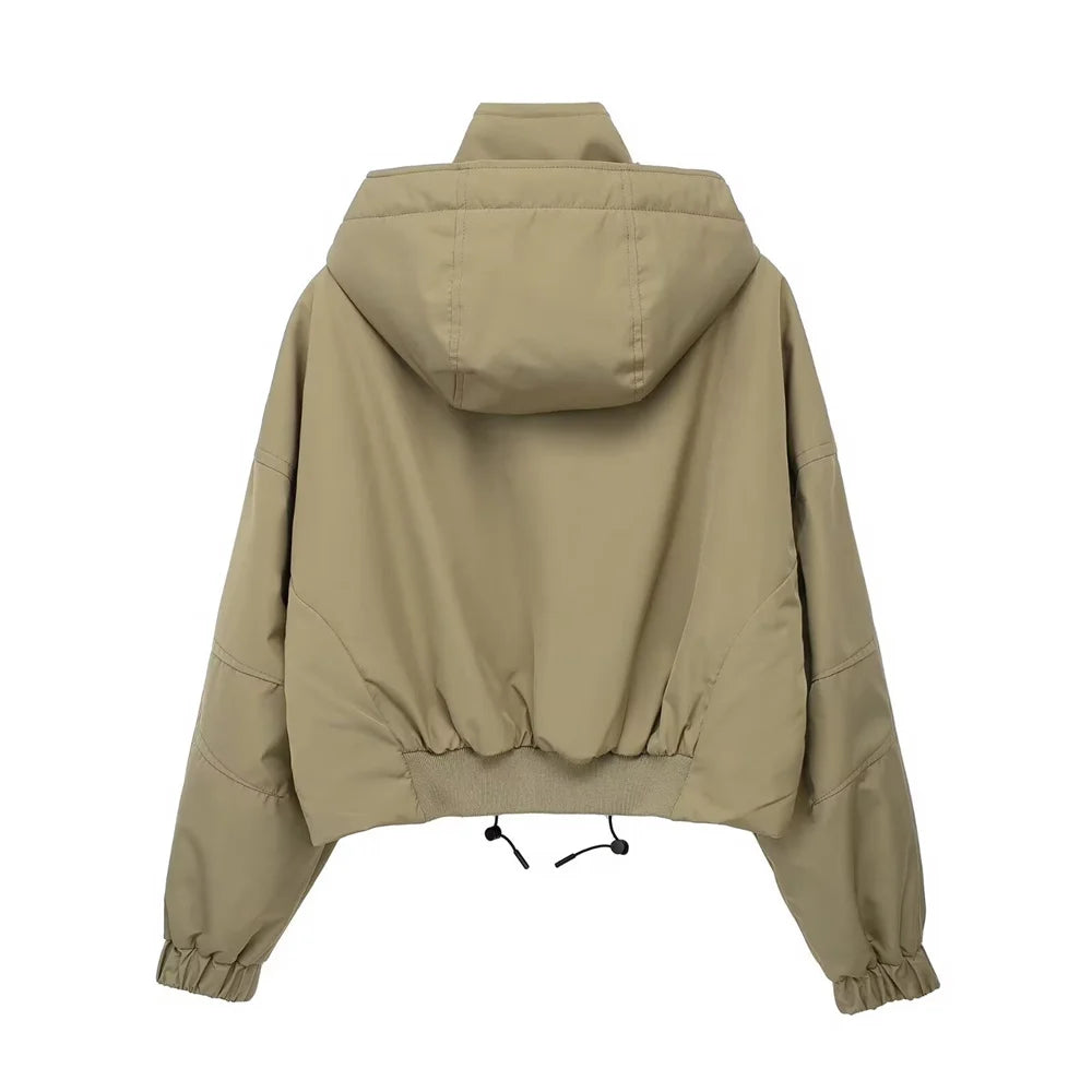 Autumn New Product Women's Stand up Collar Hoodie Long Sleeve Zipper Decoration workwear Style Short Jacket Coat
