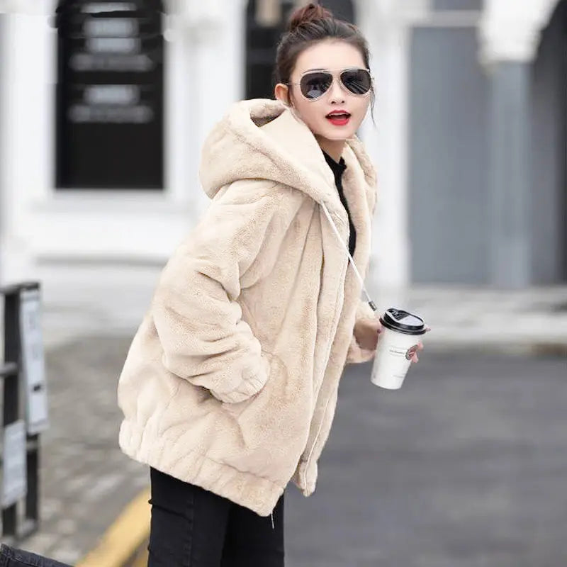 Plush hooded jacket for women mid-length winter new loose plush warm long sleeves plush Short jacket fashion casual coat