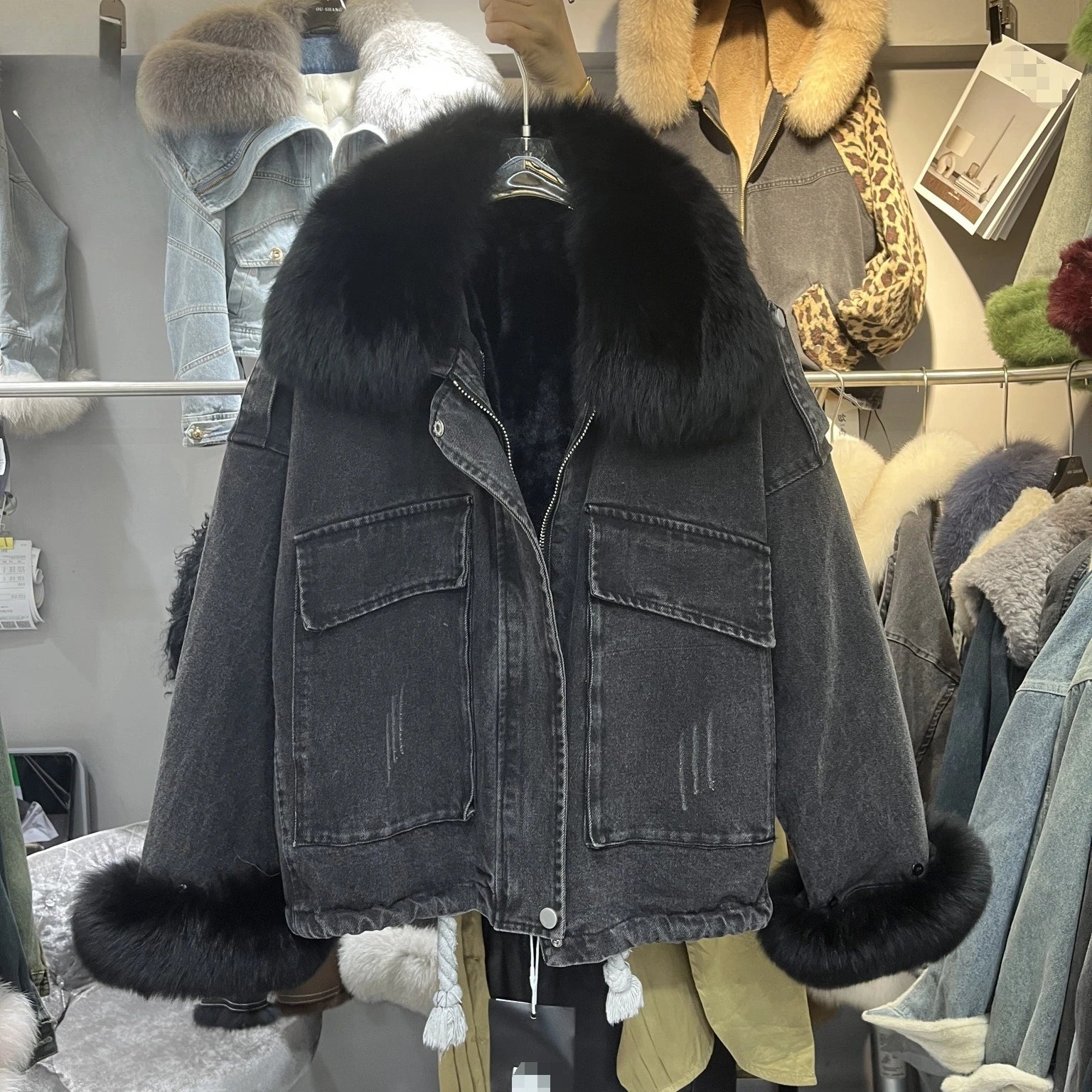 Fox Fur Denim Jacket for Women Fleece-Lined and Thickened Winter 2025 New Korean Style Loose Fit Batwing Sleeve Cotton Coat