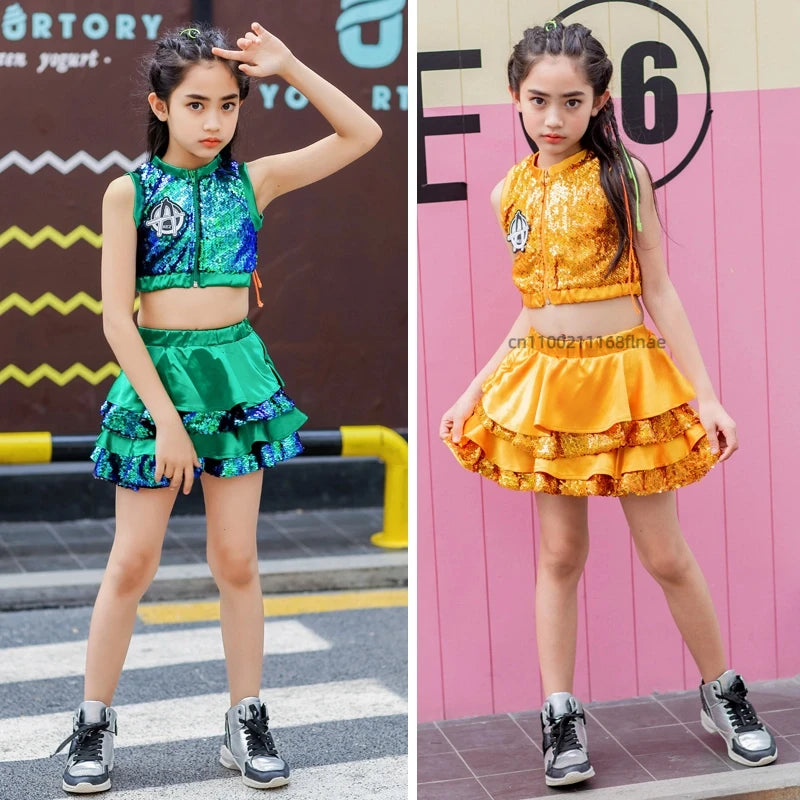 Children's Jazz Performance Costume Sequins Girls' Modern Dance Cheerleading Kindergarten Performance Costume Girls' Dance Skirt