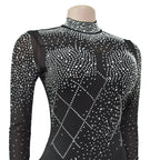 Women's Glittery Rhinestones Gymnastics Jumpsuit Sheer Mesh Patchwork Mock Neck Long Sleeve Dance Rompers One-piece Bodysuit