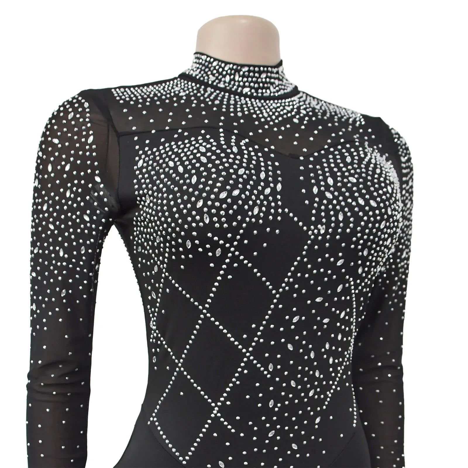 Women's Glittery Rhinestones Gymnastics Jumpsuit Sheer Mesh Patchwork Mock Neck Long Sleeve Dance Rompers One-piece Bodysuit
