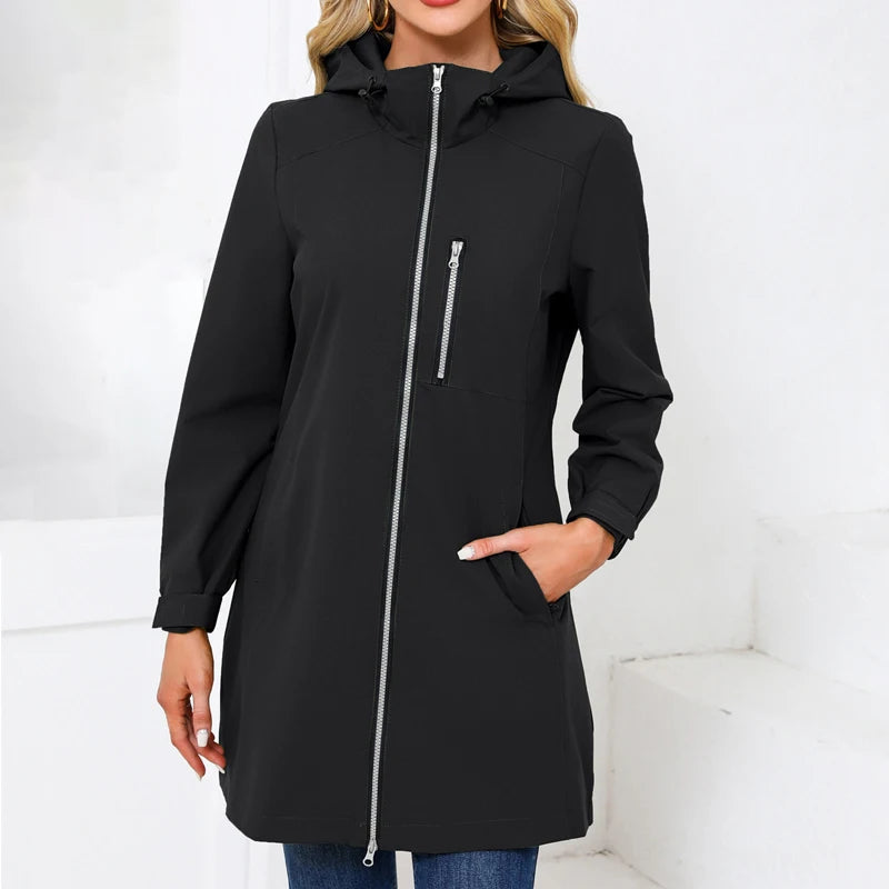Women's Water-Repellent Hooded Windbreaker Casual Loose Solid Long Sleeve Outdoor Sports Trench Coat Spring Autumn Jacket