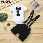 Baby Boys Birthday Outfits Sets Balloon Letter"1" Bodysuit and Y-back Suspender Shorts 1 Year Birthday Baby Cake Smash Clothes