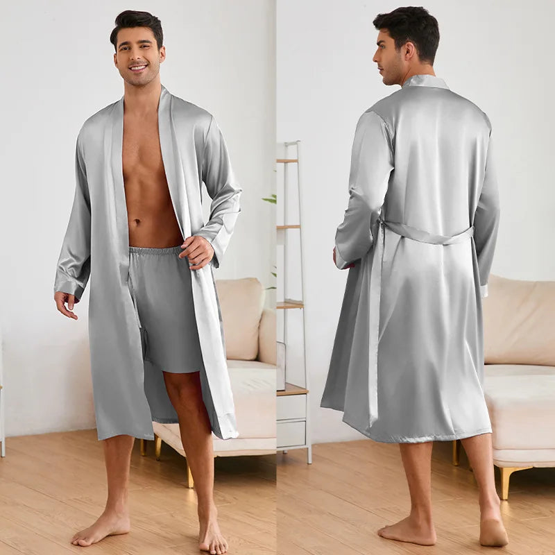 Male Robe Long-Sleeve Loose Bathrobe With Shorts Set Kimono For Man Autumn Comfortable Male Sleepwear