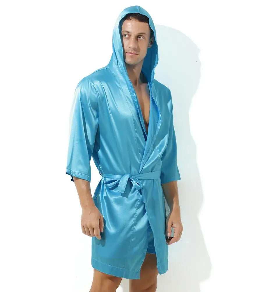 Sexy Sleepwear Men Robes Bathrobes Soft Silky Short Sleeve Nightgown Mens Homewear Dressing Gown Male Pajamas (No shorts)