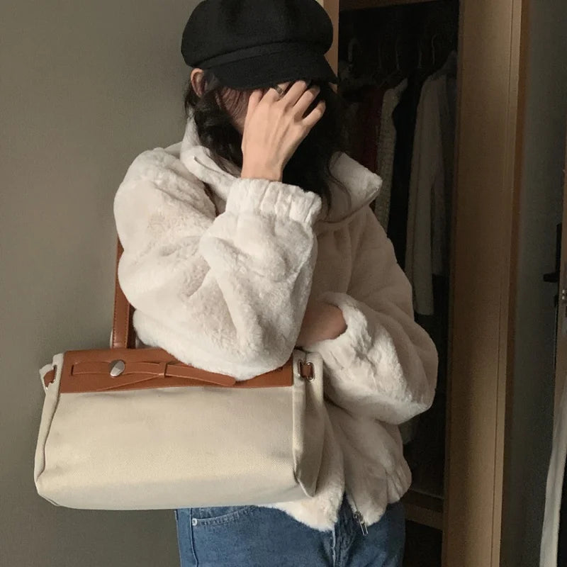 Women Autumn Winter Thicken Warm Coat Stand-Collar Loose Fur Plush Zipper Jacket Soft Comfortable Casual Simple Solid Outerwear