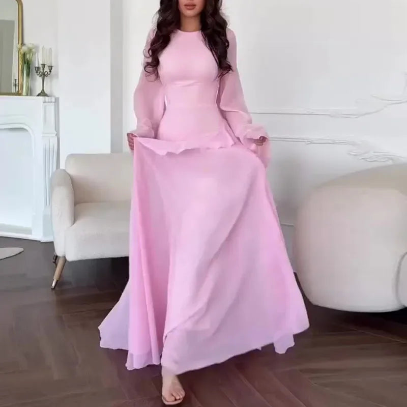Robes for Woman Elegant O Neck Solid Ruffles Party Pleated Dress Spring Autumn Flare Sleeve Tie-up Slim Female Clothing Vestidos
