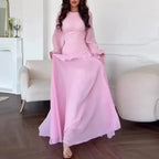 Robes for Woman Elegant O Neck Solid Ruffles Party Pleated Dress Spring Autumn Flare Sleeve Tie-up Slim Female Clothing Vestidos
